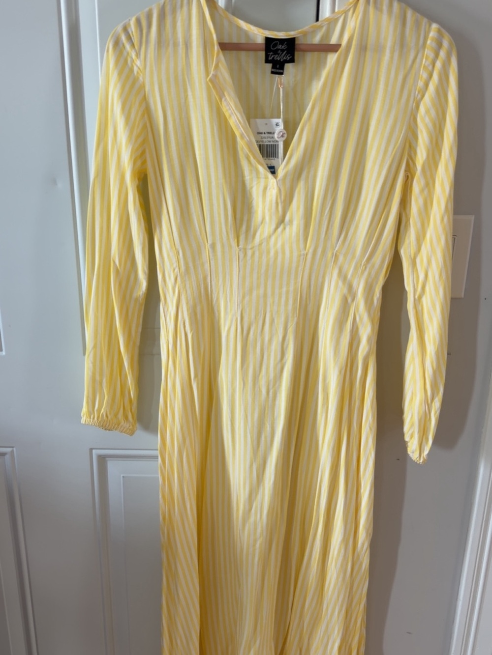 OAK + FORT Pale Yellow Midi Pleated V-Neck Dress - Picture 2 of 3